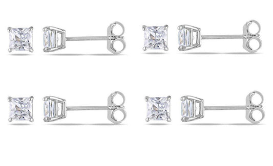 18k White Gold Plated Created White Sapphire 1Ct Square Cut Set of Four Stud Earrings