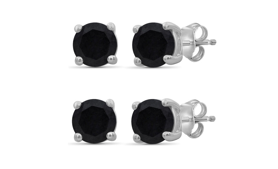 18k White Gold Plated Created Black Sapphire 1/2Ct Round Set of Two Stud Earrings