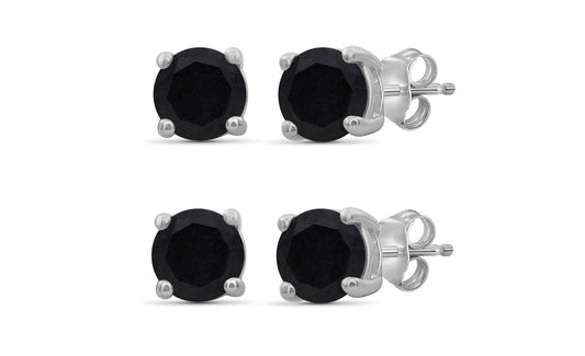 18k White Gold Plated Created Black Sapphire 1/2Ct Round Set of Two Stud Earrings