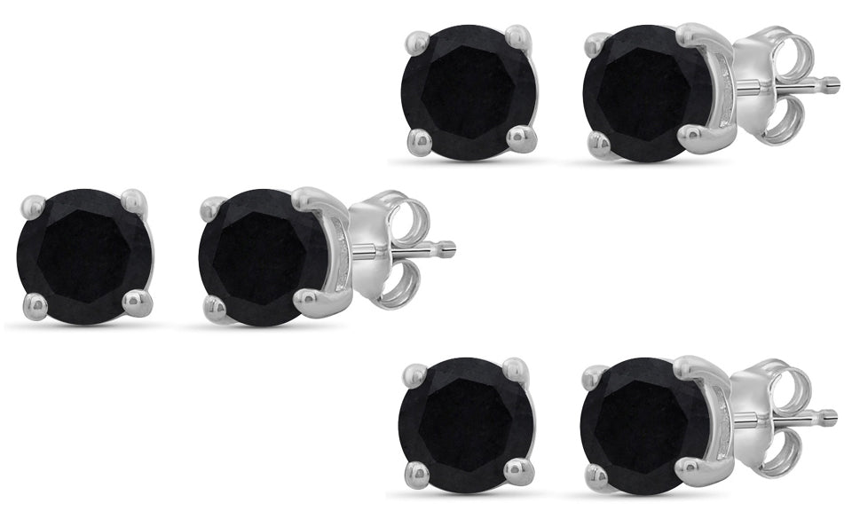 18k White Gold Plated Created Black Sapphire 1Ct Round Set of Three Stud Earrings