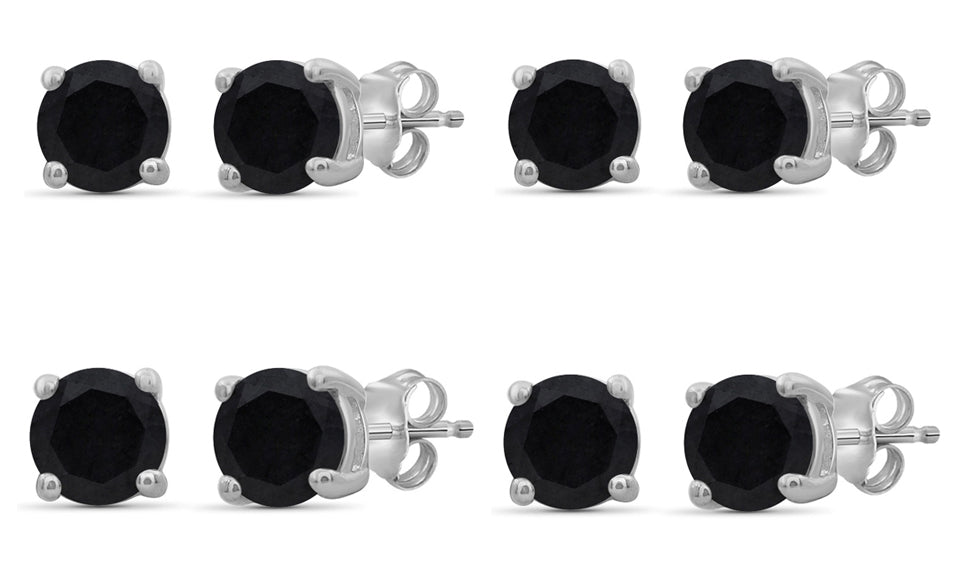18k White Gold Plated Created Black Sapphire 1/2Ct Round Set of Four Stud Earrings