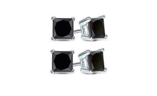 18k White Gold Plated Created Black Sapphire 2Ct Princess Cut Pack of Two Stud Earrings
