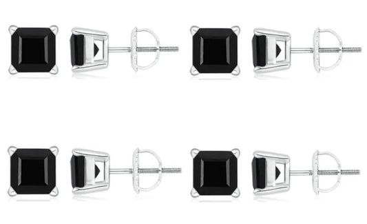 18k White Gold Plated Created Black Sapphire 1Ct Square Cut Pack of Four Stud Earrings