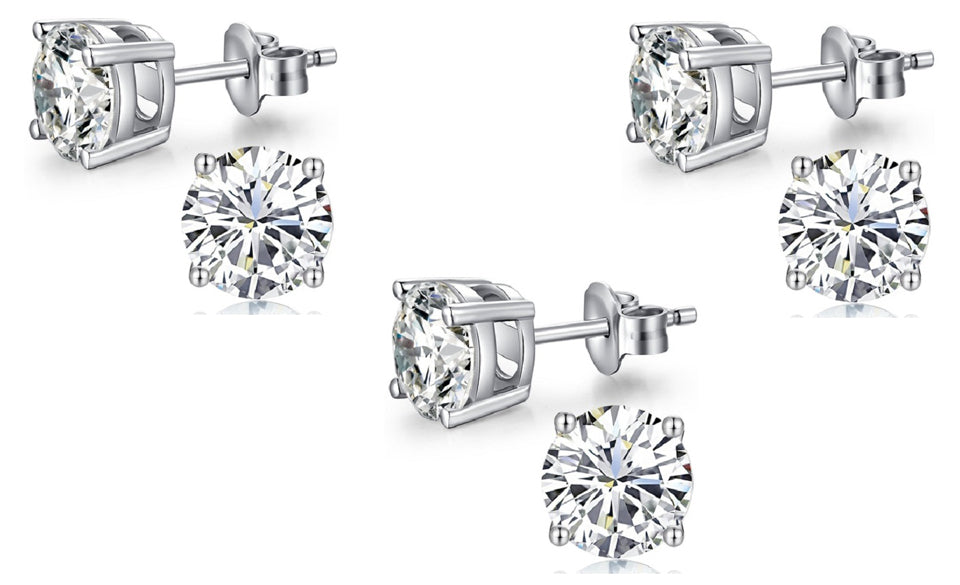18k White Gold Plated Created White Sapphire 4Ct Round Pack of Three Stud Earrings