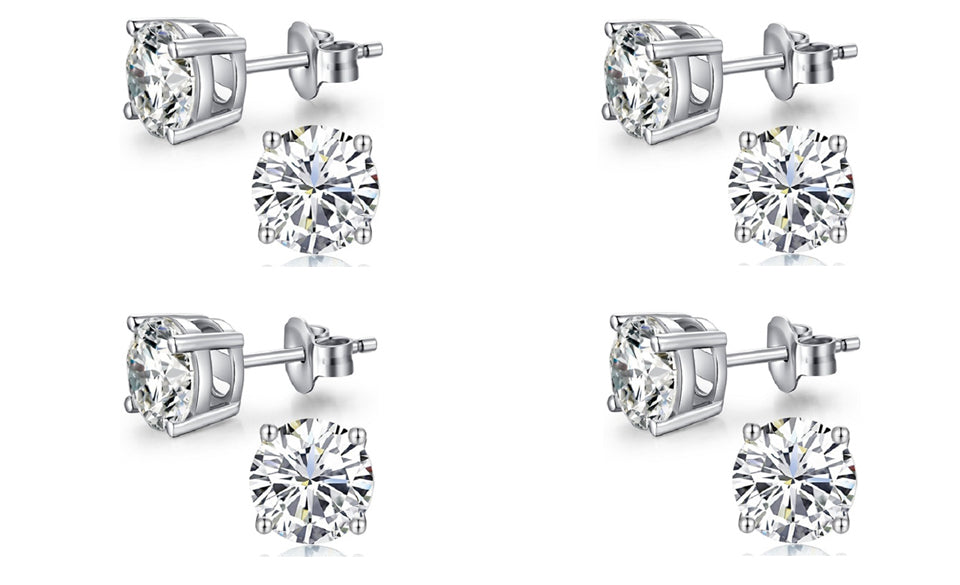 18k White Gold Plated Created White Sapphire 3Ct Round Pack of Four Stud Earrings