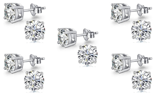 18k White Gold Plated Created White Sapphire 2Ct Round Pack of Five Stud Earrings