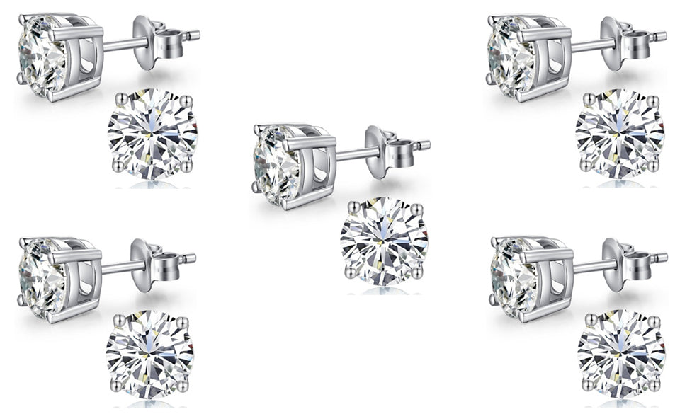 18k White Gold Plated Created White Sapphire 1Ct Round Pack of Five Stud Earrings