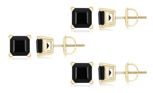 18k Yellow Gold Plated Created Black Sapphire 1/2Carat Square Cut Pack of Three Stud Earrings