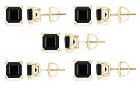 18k Yellow Gold Plated Created Black Sapphire 1Carat Square Cut Pack of Five Stud Earrings
