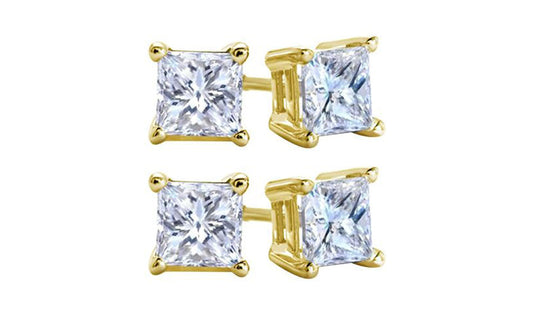 18k Yellow Gold Plated Created White Sapphire 1/2 Carat Square Cut Pack of Two Stud Earrings