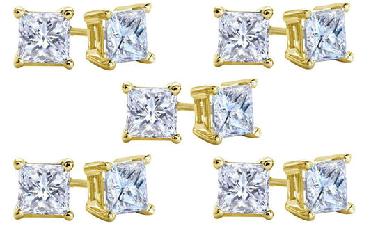 18k Yellow Gold Plated Created White Sapphire 1 Carat Square Cut Pack of Five Stud Earrings