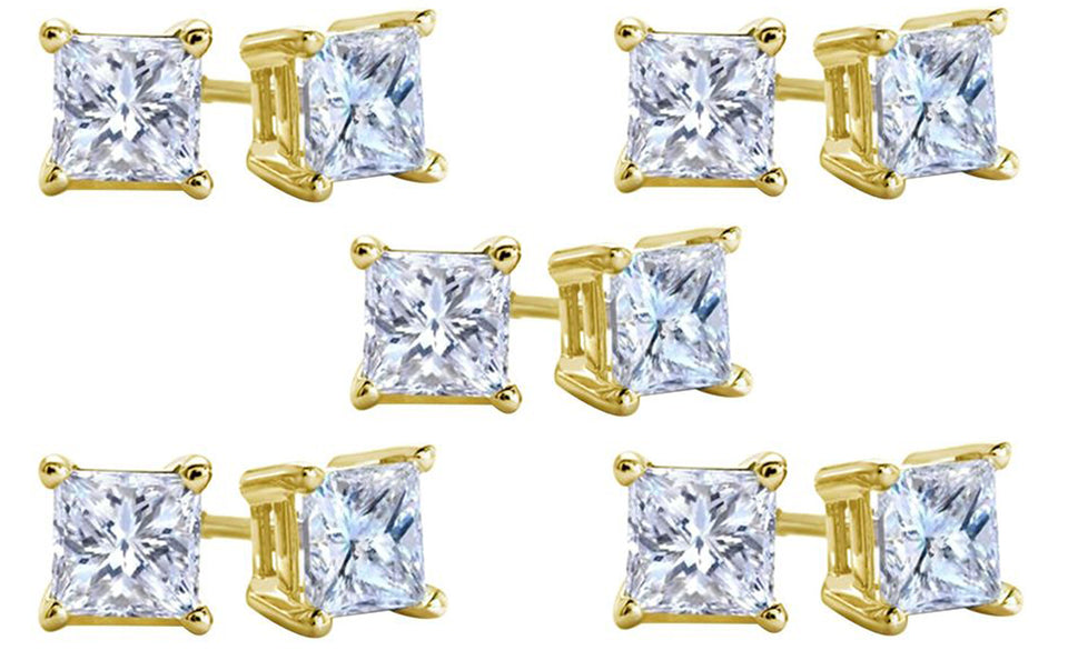 18k Yellow Gold Plated Created White Sapphire 3 Carat Square Cut Pack of Five Stud Earrings