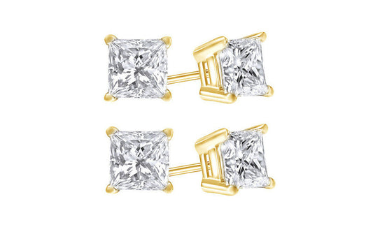 18k Yellow Gold Plated Created White Sapphire 3 Carat Princess Cut Pack of Two Stud Earrings