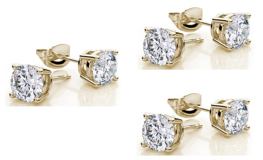 18k Yellow Gold Plated Created White Sapphire 3 Carat Round Pack of Three Stud Earrings