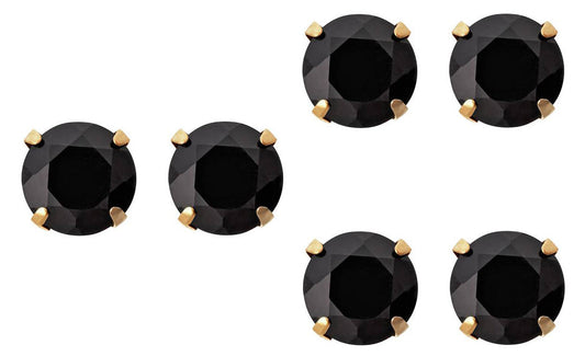 18k Yellow Gold Plated Created Black Sapphire 1 Carat Round Pack of Three Stud Earrings