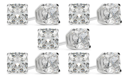 18k White Gold 4mm 1/2Ct Cushion Cut White Sapphire Set Of Five Stud Earrings Plated