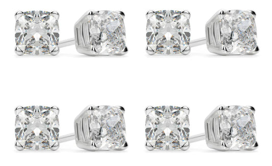 18k White Gold 2Ct Cushion Cut White Sapphire Set Of Four Stud Earrings Plated