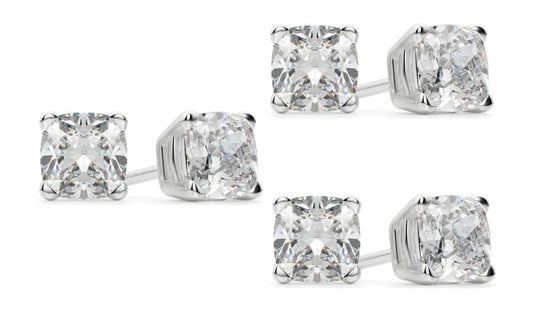 18k White Gold 1Ct Cushion Cut White Sapphire Set Of Three Stud Earrings Plated