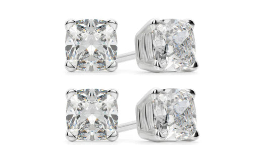 18k White Gold 1Ct Cushion Cut White Sapphire Set Of Two Stud Earrings Plated