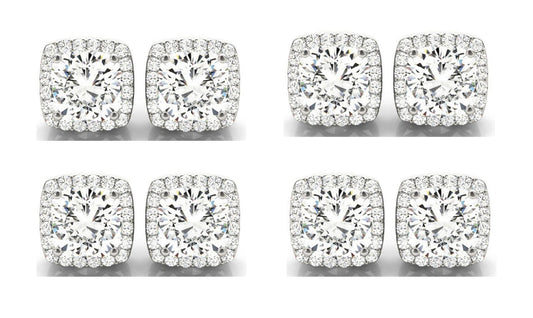 18k White Gold 3Ct Cushion Cut White Sapphire Set Of Four Halo Stud Earrings Plated