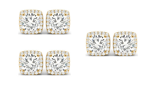 18k Yellow Gold 6mm 1/2Ct Cushion Cut White Sapphire Set Of Three Halo Stud Earrings Plated