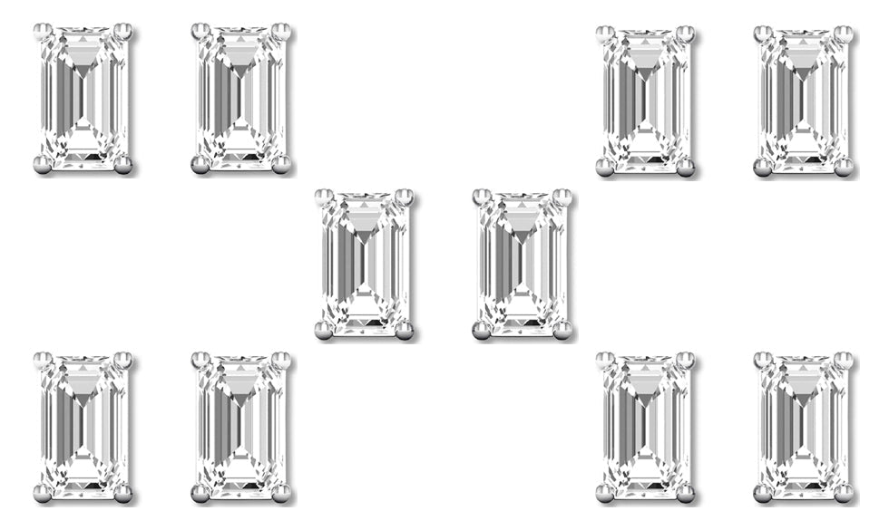 18k White Gold 2Ct Emerald Cut White Sapphire Set Of Five Stud Earrings Plated