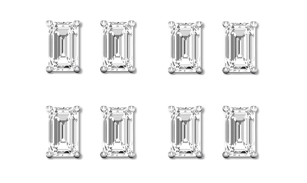 18k White Gold 1Ct Emerald Cut White Sapphire Set Of Four Stud Earrings Plated
