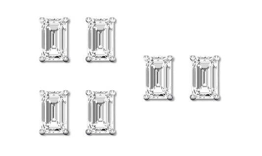 18k White Gold 4Ct Emerald Cut White Sapphire Set Of Three Stud Earrings Plated