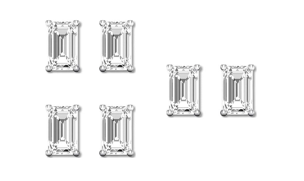18k White Gold 1Ct Emerald Cut White Sapphire Set Of Three Stud Earrings Plated