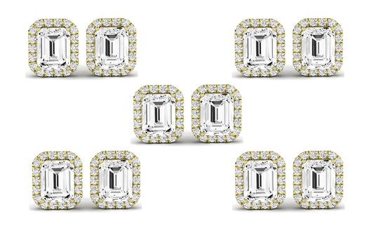Paris jewelry 18k Yellow Gold 4Ct Emerald Cut White Sapphire Set Of Five Halo Stud Earrings Plated