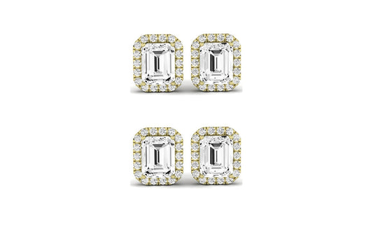 Paris jewelry 18k Yellow Gold 4mm 1/2Ct Emerald Cut White Sapphire Set Of Two Halo Stud Earrings Plated