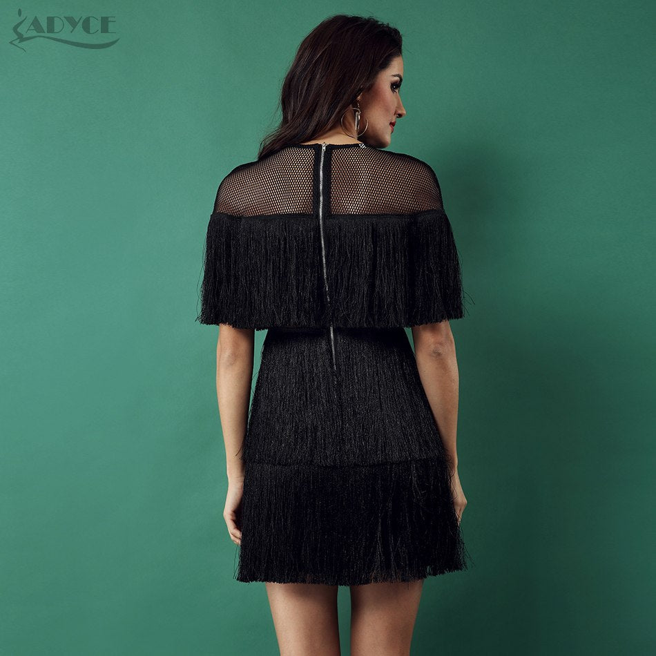 ADYCE Tassels Short Sleeve Mesh Sexy Hollow Out Fringe Celebrity Evening Party Dress - H35311