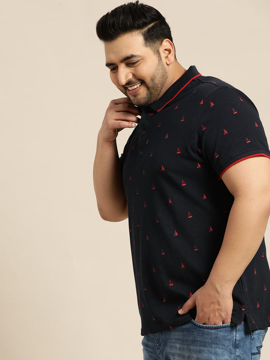 Men Navy Blue & Red Printed Polo Collar T-shirt1
