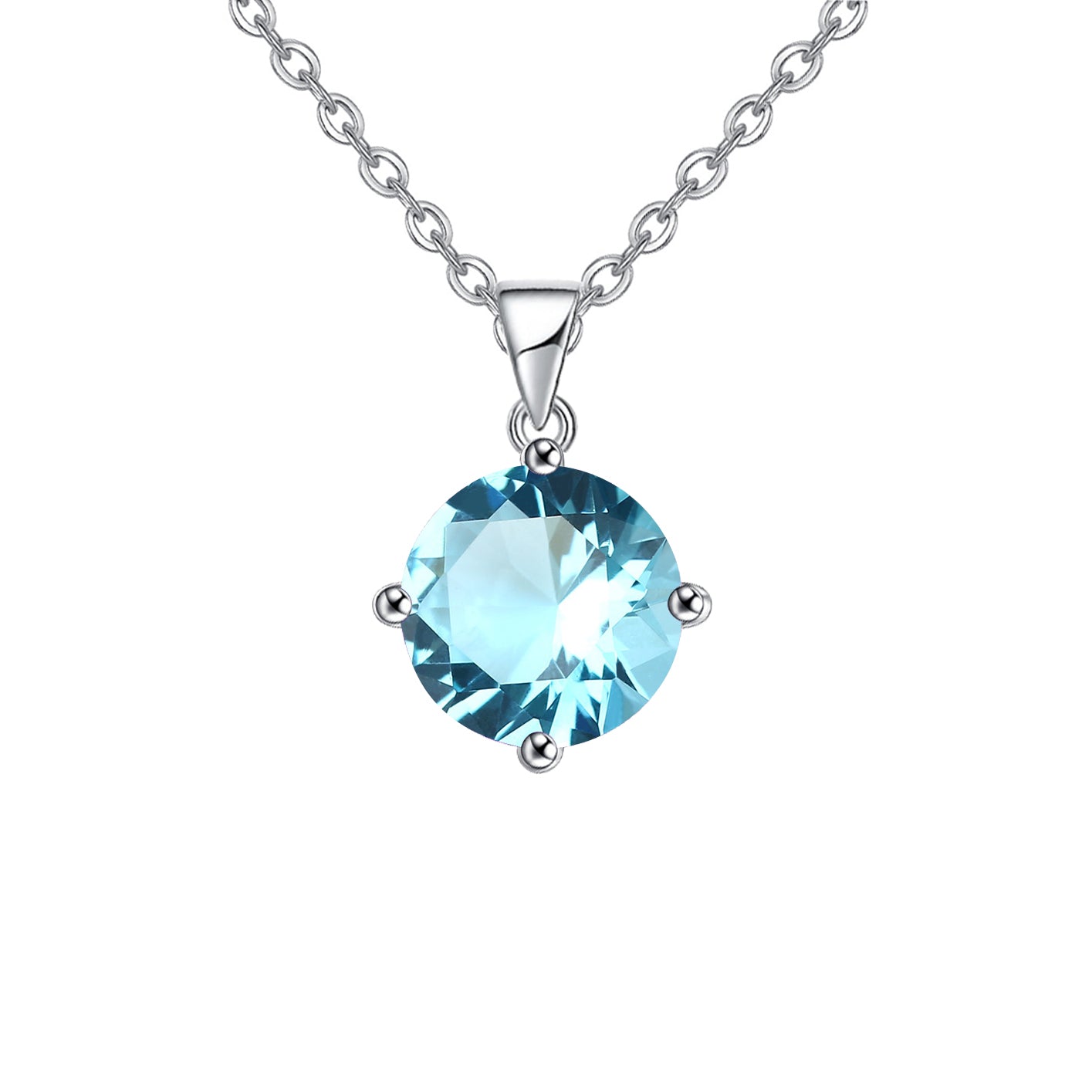 18K White Gold 4 Carat Created Aquamarine Round Stud Necklace Plated 18 inch