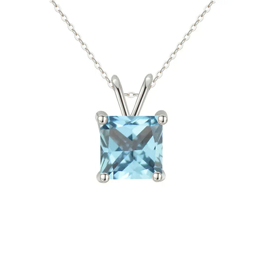 18K White Gold 1 Carat Created Aquamarine Princess Stud Necklace Plated 18 inch