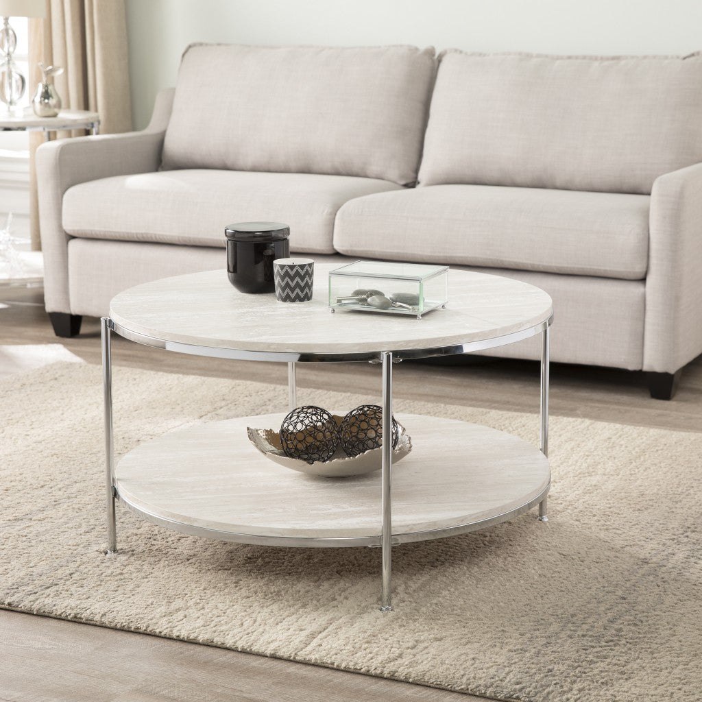 33" Chrome Faux Marble And Metal Round Coffee Table By Homeroots | Coffee Tables | Modishstore