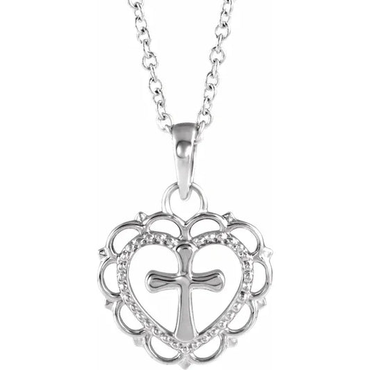 Sterling Silver Youth Heart with Cross 16-18" Necklace