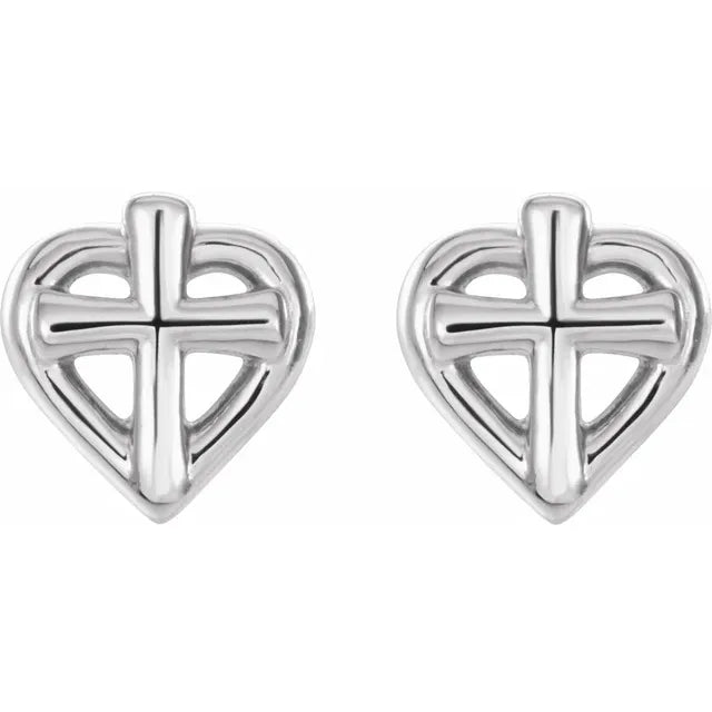 Sterling Silver Cross with Heart Youth Earrings