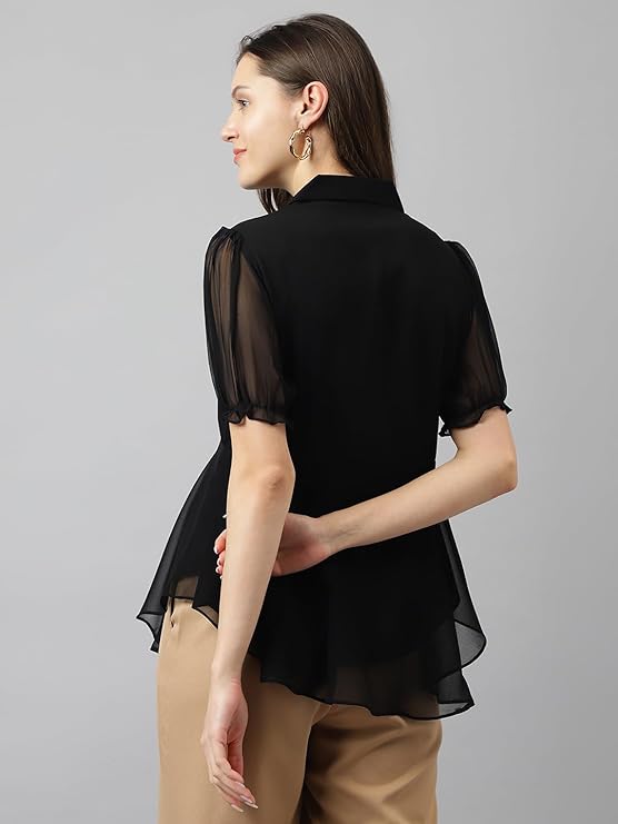 Women Black Georgette Solid Flared Western Top