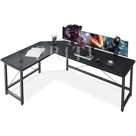 Priti-L Shaped Desk Corner Computer Desk Sturdy Computer Table Writing Desk Gaming Desk Workstation, Black1