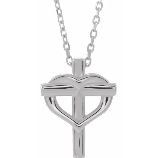 Sterling Silver Youth Cross with Heart 15" Necklace