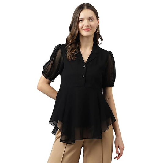 Women Black Georgette Solid Flared Western Top
