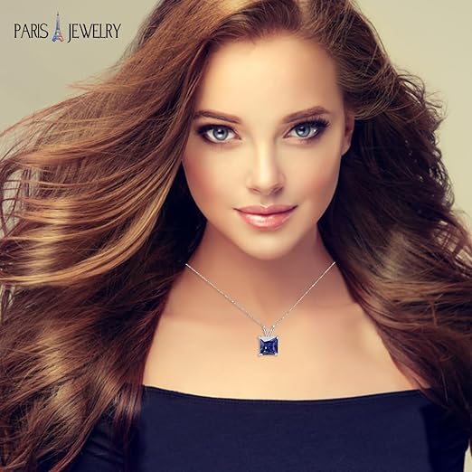 18K White Gold 3 Carat Created Blue Sapphire Princess Stud Necklace Plated 18 inch