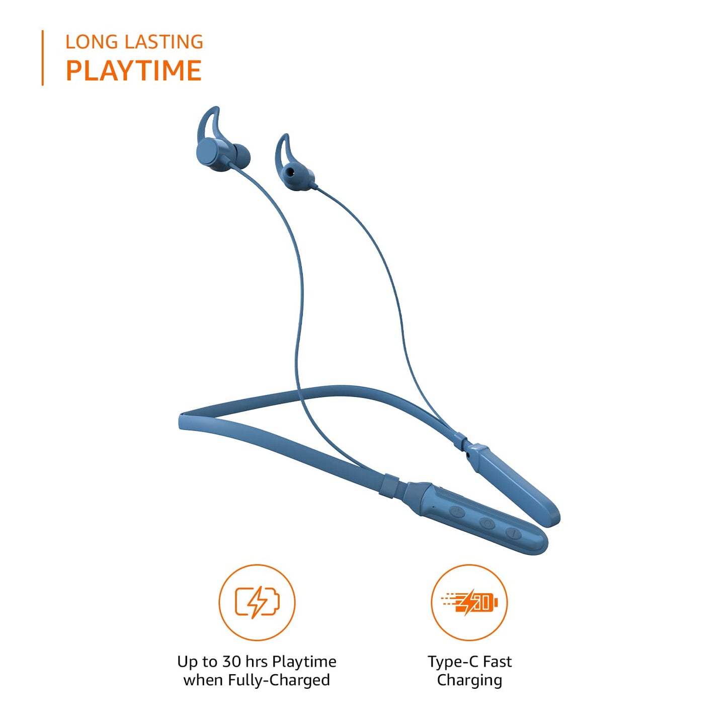 Amazon Basic Bluetooth 5.0 Neckband with Up to 30 Hours Playtime, Magnetic Earbuds, Voice Assistant, Dual Pairing and IPX6 Rated, Blue