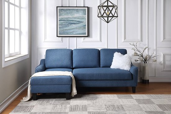 OSP Home Furnishings - Lester Sofa With Chaise and Twin Sleeper in Fabric With Black Legs - Grey