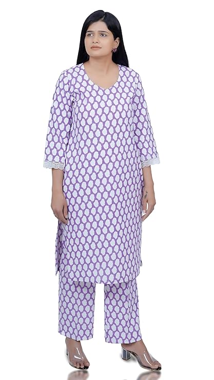 NEEDLE NARI Women's Cotton Katha Work V-Neck 3/4 Sleeves Kurti Printed Straight Cut Kurta with Pant