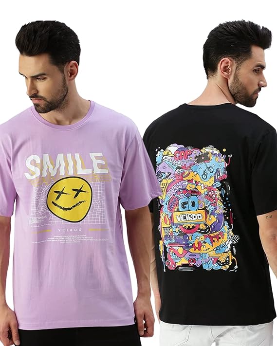 Oversize Loose Fit Round Neck Half Sleeve T-Shirt for Men (Pack of 2)