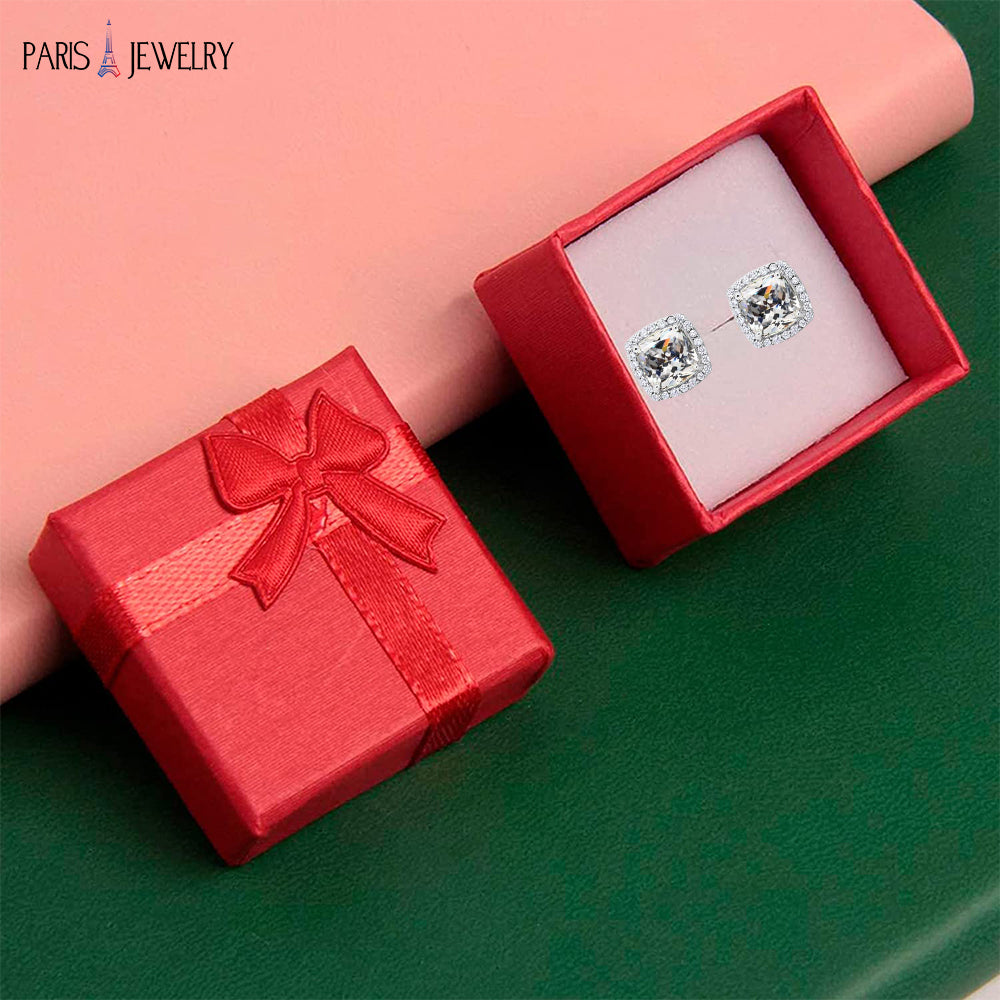 18k White Gold Plated 1 Ct Created Halo Princess CZ Cut White Sapphire Stud Earrings