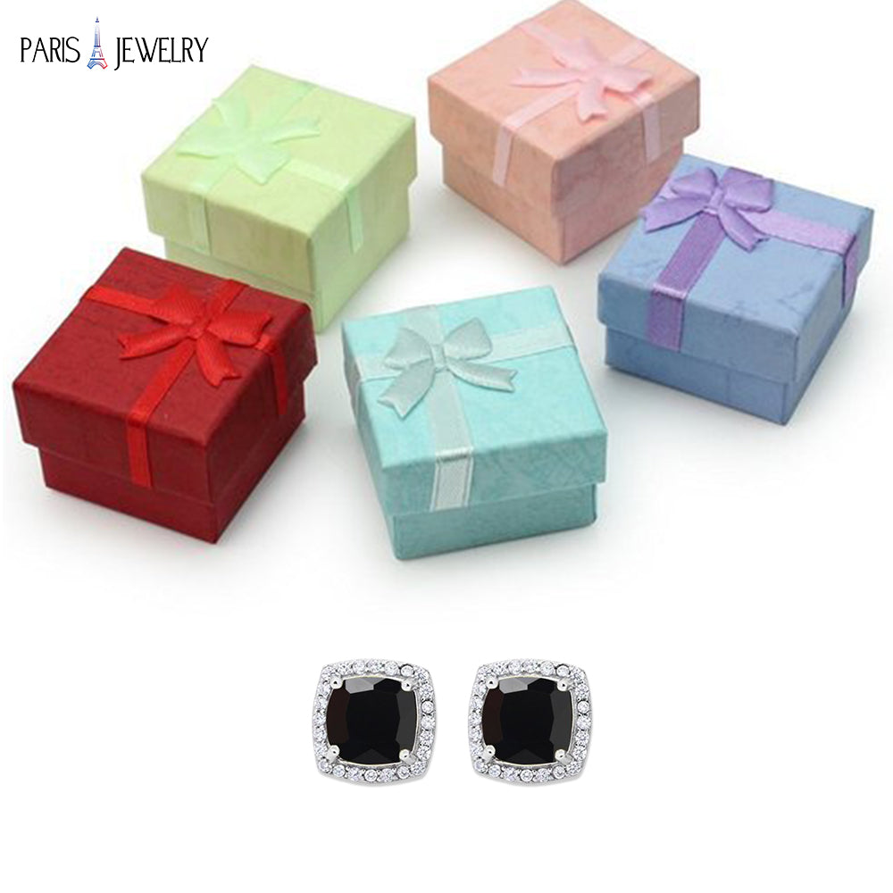 18k White Gold Plated 4 Ct Created Halo Princess CZ Cut Black Sapphire Stud Earrings