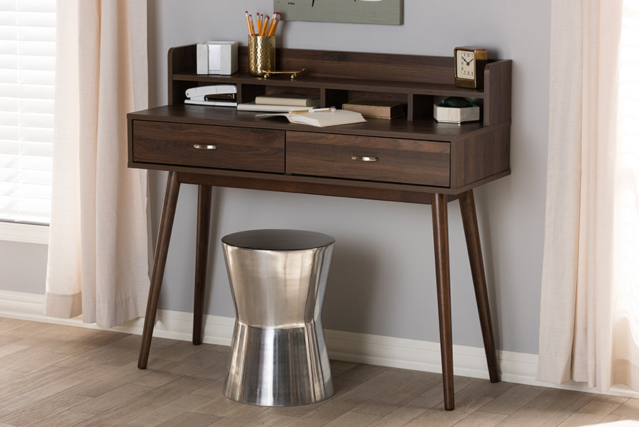 Baxton Studio Disa Mid-Century Modern Walnut Brown Finished 2-Drawer Desk | Modishstore | Desks